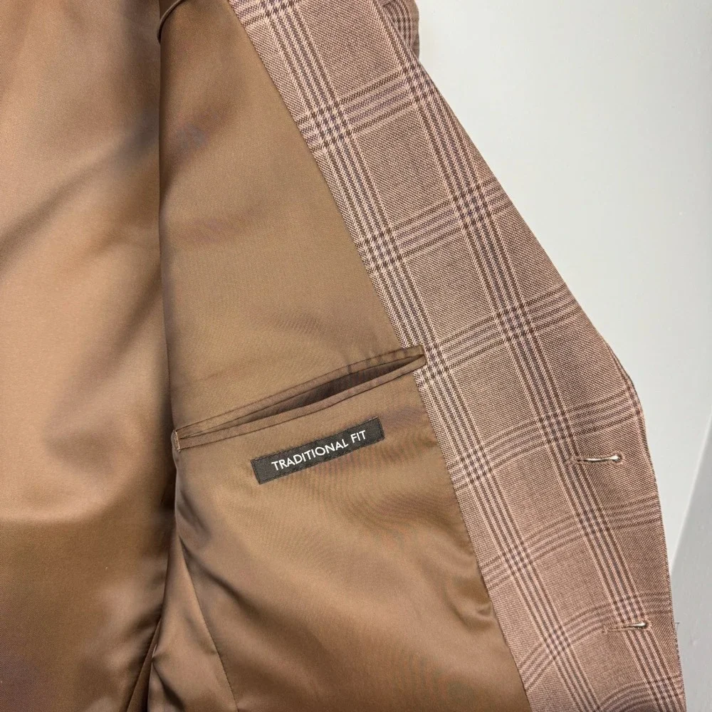 Jos A Bank Executive Mens 42 Short Brown Plaid Wool Two Button Blazer Sport Coat